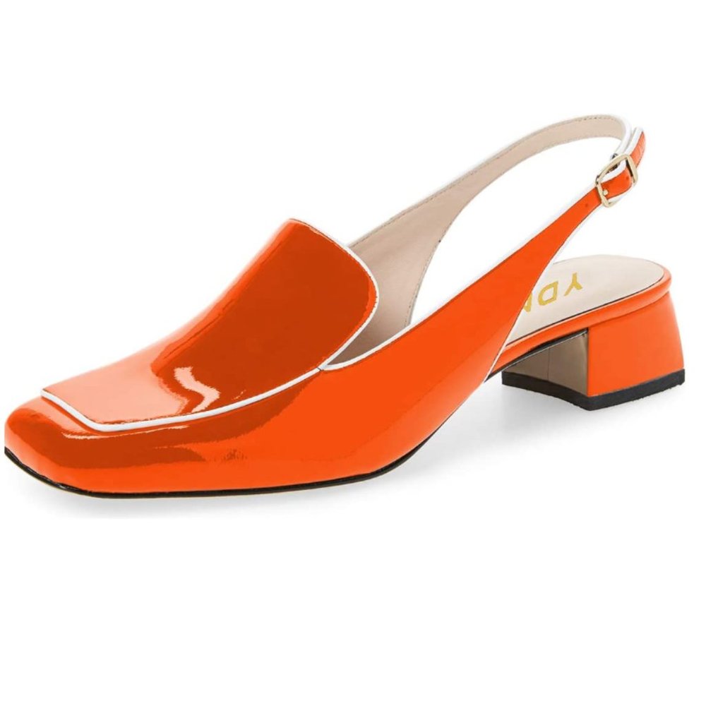 YDN Orange Classic Block Low Heels Closed Square Toe Slingback Formal Lady Pumps